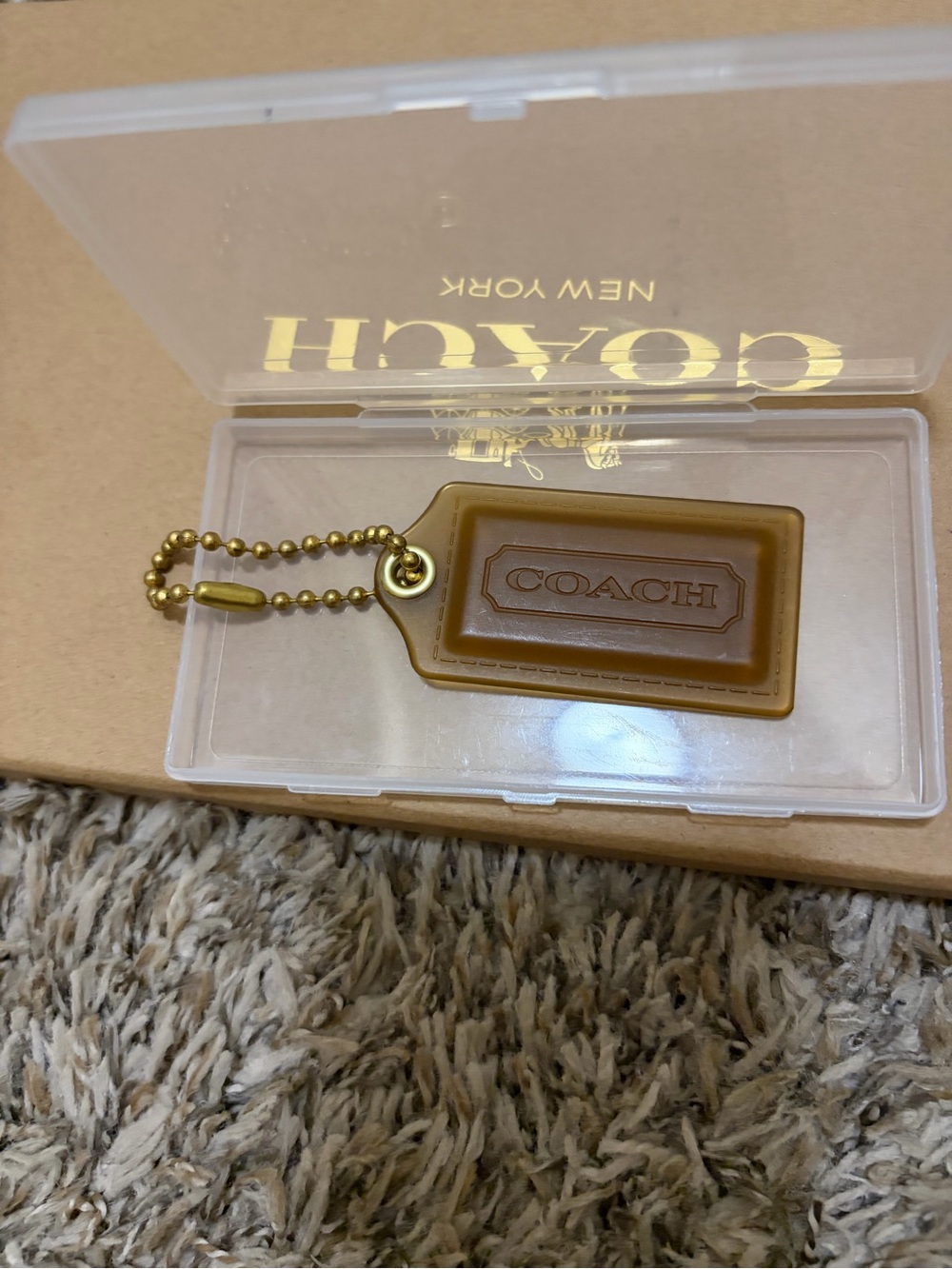 Coach Men’s Tan Leather Key Tag with Gold Chain